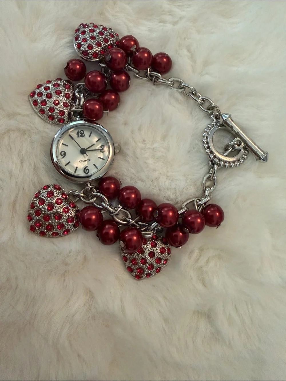 Red Heart Charm Bracelet Watch - Women's Fashion Accessory